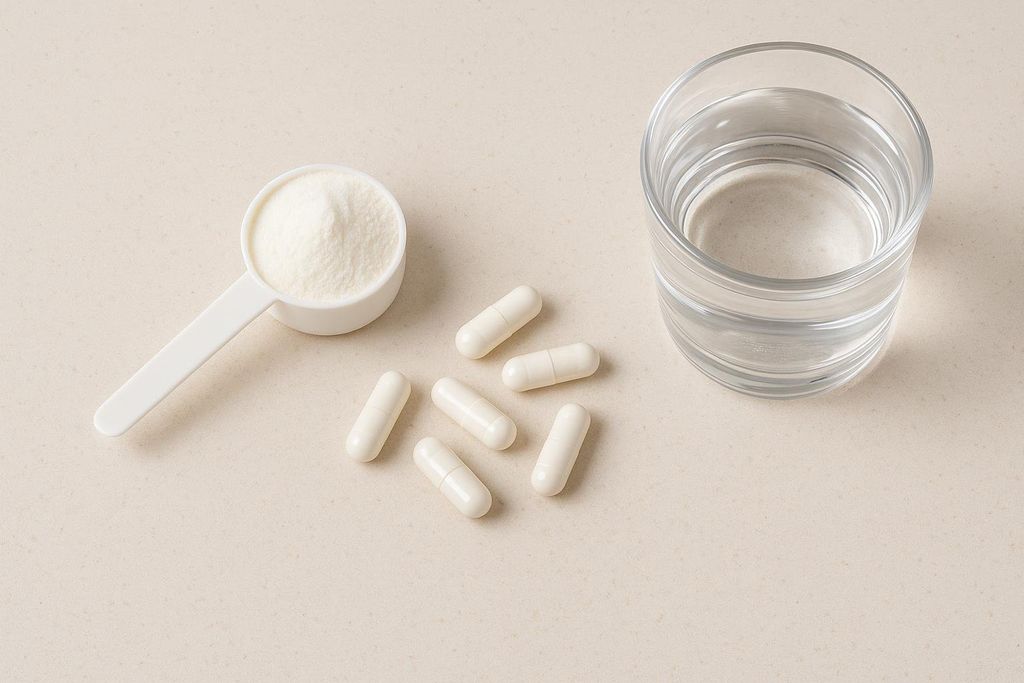 A white scoop filled with collagen powder, several white collagen capsules scattered beside it, and a glass of water on a light beige surface. The image shows different forms of collagen supplements.