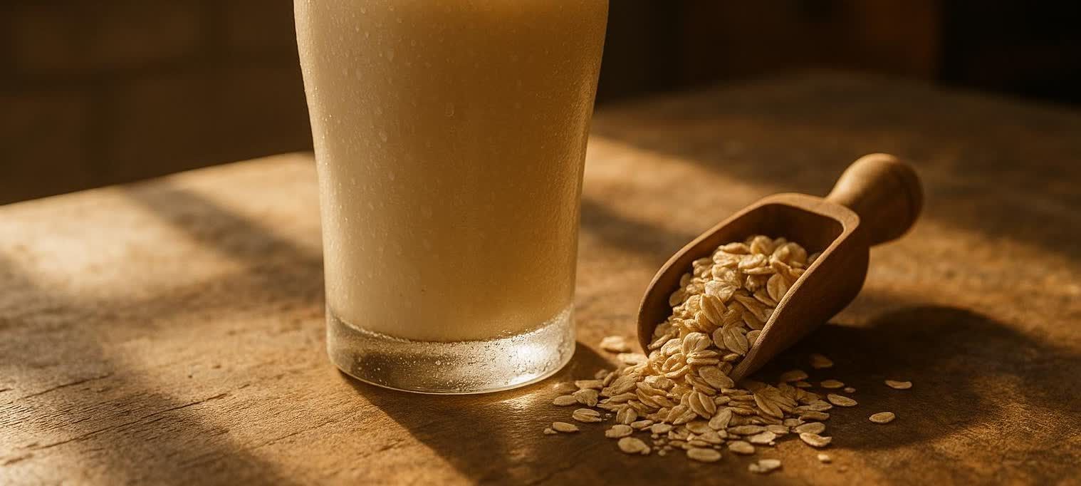 A glass of oat milk sits next to a wooden scoop overflowing with raw rolled oats on a rustic wooden surface, illuminated by natural light.