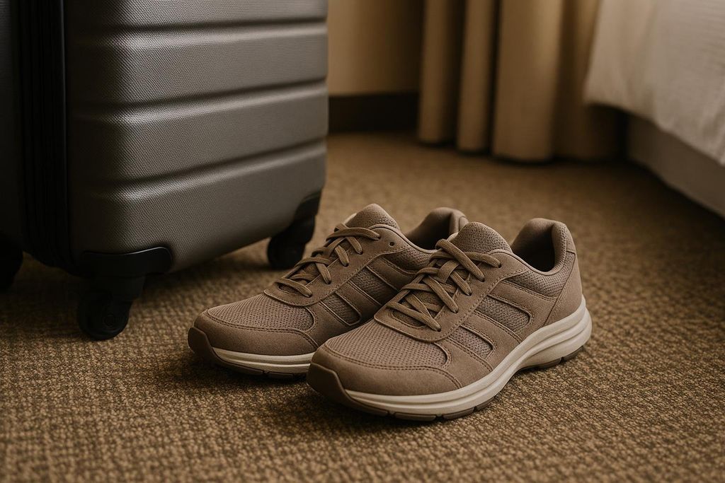 A pair of light brown or taupe walking shoes sits on a patterned hotel room carpet. Behind them, part of a dark grey wheeled suitcase is visible. In the background, muted curtains and what appears to be the edge of a bed can be seen.