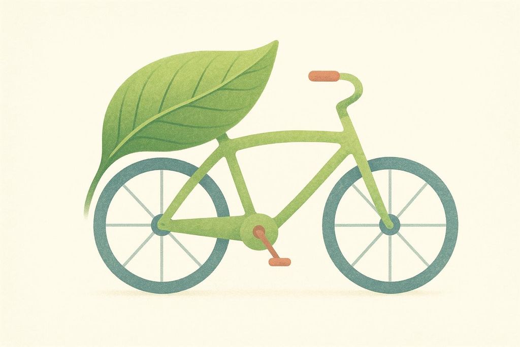 A stylized illustration of a green bicycle with a large green leaf acting as its seat and fender. The bike has blue wheels and handlebars with orange grips and pedals, set against a light background.
