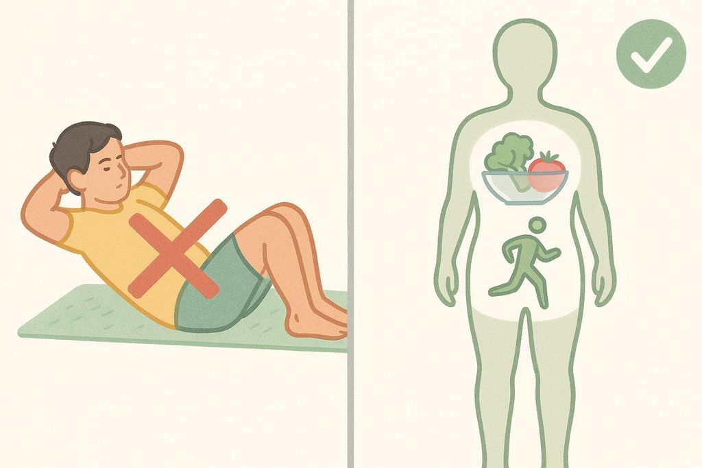 An infographic debunking the myth of spot reduction, showing that isolated ab exercises (crossed out on the left) are not effective for fat loss. Instead, overall healthy eating (a bowl of vegetables) and exercise (a person running) combined lead to fat loss, indicated by a green checkmark on the right.
