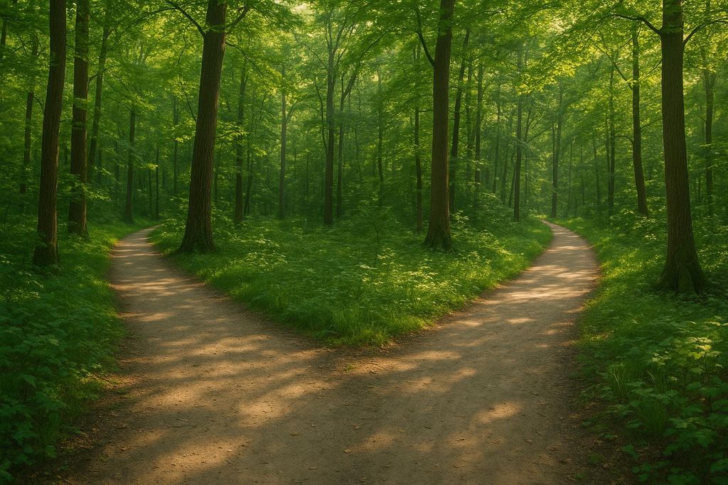 A serene forest path splitting into two distinct directions, surrounded by lush green trees and undergrowth with sunlight dappling through the leaves.