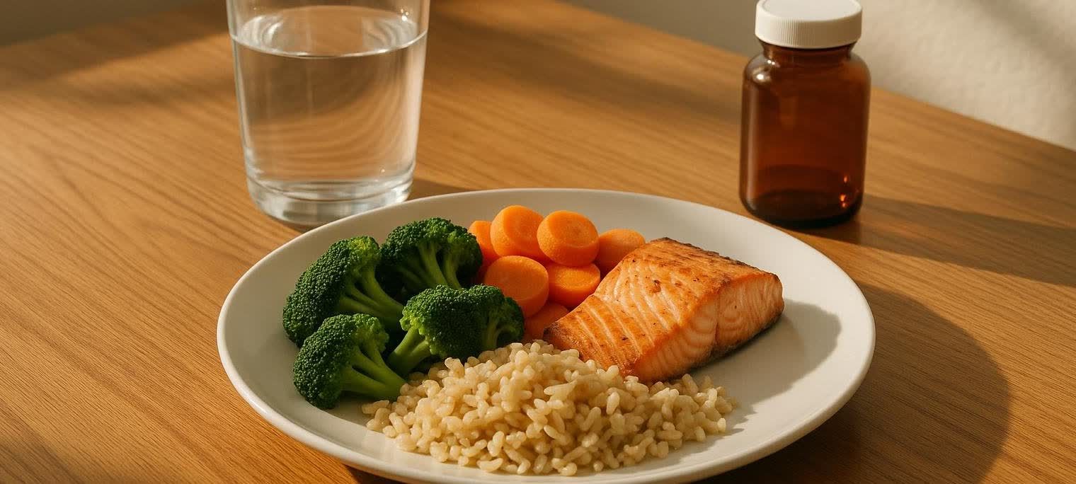 A balanced meal consisting of grilled salmon, broccoli, carrots, and brown rice. A glass of water and a brown medication bottle are also on the wooden table, which is illuminated by a sunny streak of light.