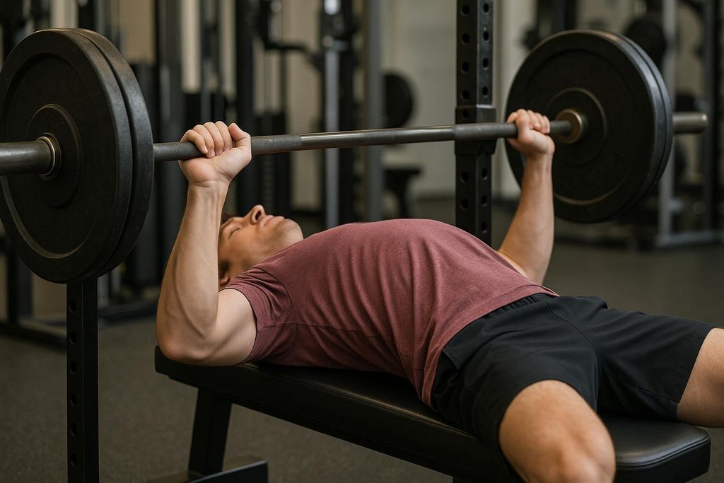 A man lies on a bench pressing a barbell with weights in a gym.