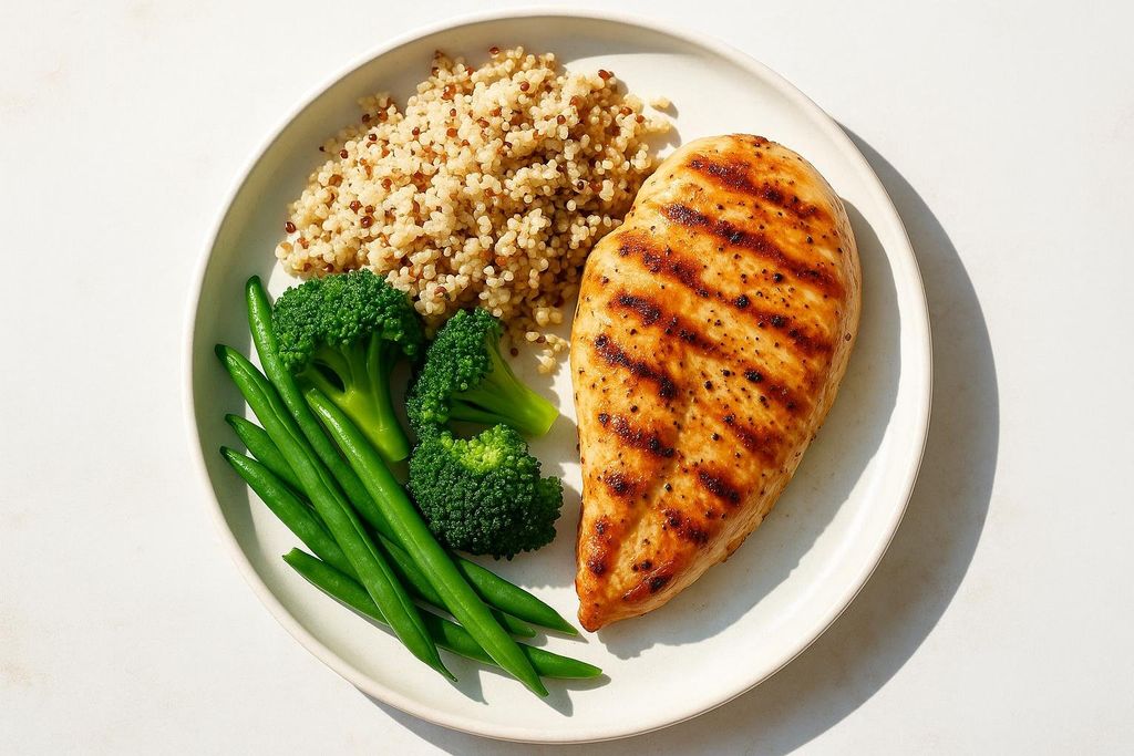 Grilled chicken breast served with quinoa, green beans, and broccoli on a white plate.