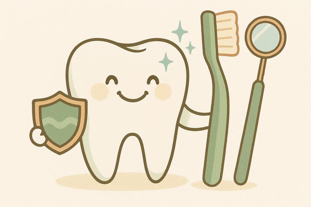 A cute cartoon illustration featuring a happy white tooth holding a shield, next to a green toothbrush and a dental mirror, symbolizing dental protection and care.