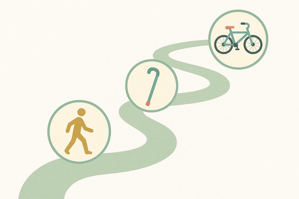 An infographic path showing recovery milestones: from a person walking, to using a cane, to cycling, illustrating gradual progression to full activity.