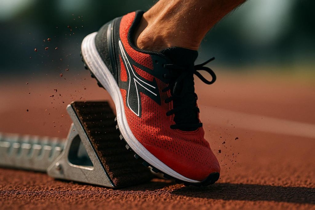 A close-up shot of a runner's foot in a red and black running shoe pushing off a starting block on a track, with dirt and debris flying around the shoe.