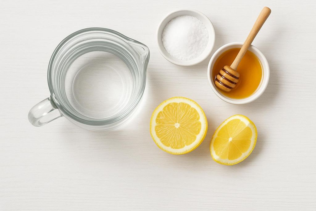 Ingredients for a homemade electrolyte drink laid out on a white table: a glass pitcher of water, a bowl of salt, a bowl of honey with a honey dipper, and two lemon halves.