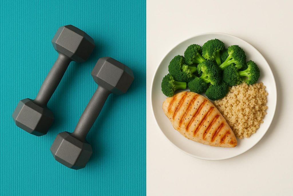 A split image showing two gray dumbbells on a blue yoga mat on the left, and a white plate with grilled chicken, broccoli, and couscous on the right. This image represents the concept of fitness and healthy nutrition.