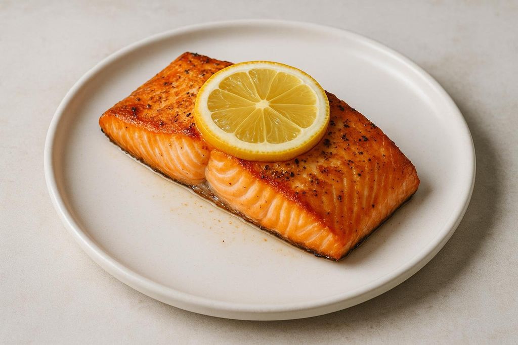 A close-up of a perfectly cooked salmon fillet, seasoned and topped with a bright yellow lemon slice, served on a white round plate.