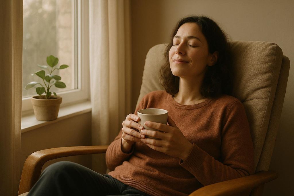 A woman with her eyes closed, smiling, relaxing in a chair, holding a mug. A potted plant is visible by a window in the background.
