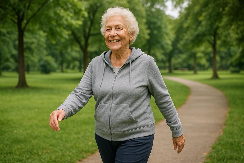 A senior adult enjoying a gentle, low-impact walk in a park.