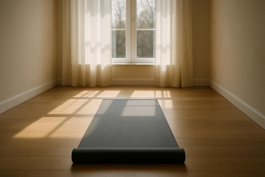A partially unrolled dark gray yoga mat on a light wooden floor in a sunny room with sheer white curtains over a large window.