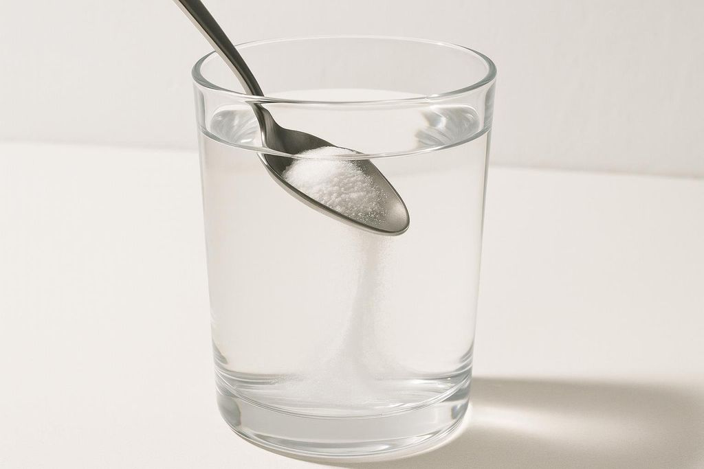 Creatine powder dissolves easily in a glass of water, illustrating micronization.