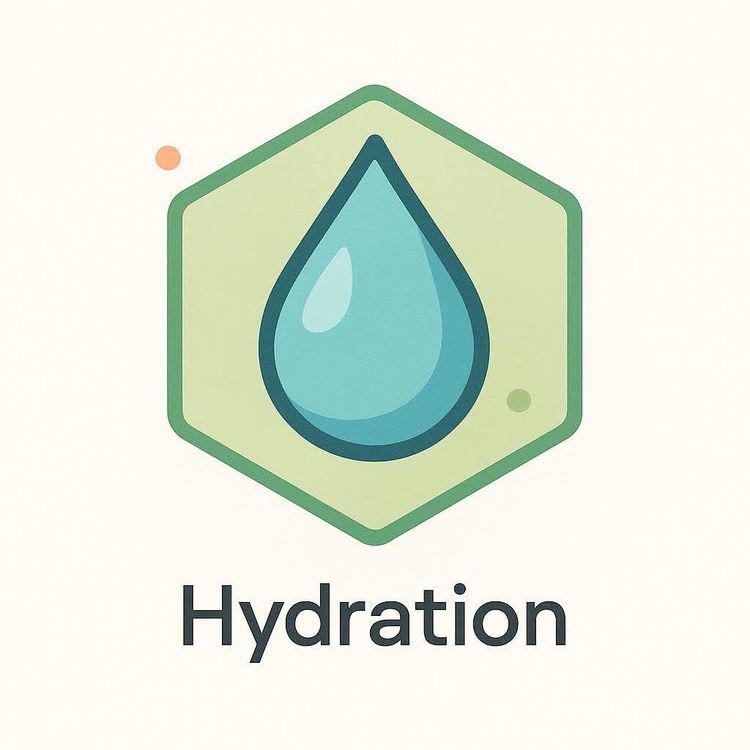 An icon depicting a gradient blue water droplet inside a green hexagon, with the word 'Hydration' written below it in dark gray letters.