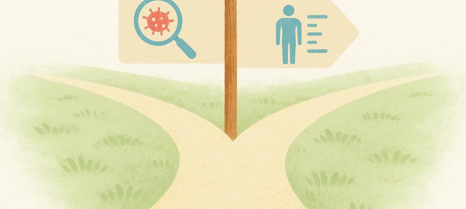An illustration of a crossroads with a signpost. The left path has a sign pointing with a magnifying glass over a virus/cell, labeled (implicitly) for targeted imaging for cancer. The right path has a sign pointing with an icon of a person with measurement lines, labeled (implicitly) for DEXA for body composition. This image signifies different diagnostic paths or purposes for medical imaging.