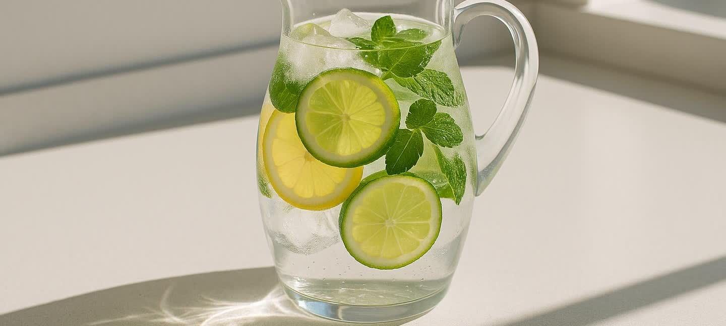 A clear glass pitcher filled with iced water, slices of lemon and lime, and fresh mint leaves. The pitcher sits on a light-colored surface with sun hitting it, creating a bright and refreshing look.