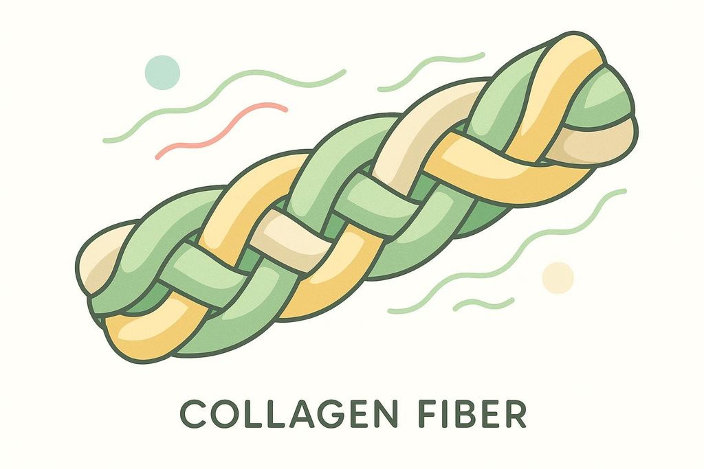 An illustration of a braided collagen fiber, depicted with alternating green and yellow strands, symbolizing its strength and elasticity. The words 'COLLAGEN FIBER' are written below the illustration.