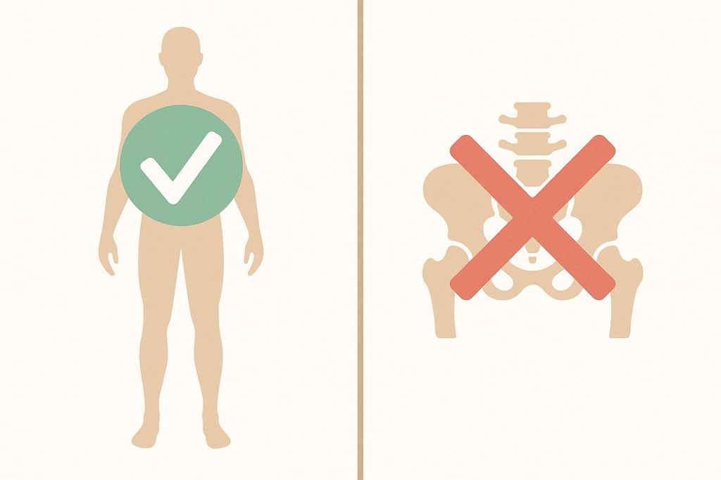 An image illustrating appropriate and inappropriate uses of DEXA scans. On the left, a stylized human figure with a green checkmark on its torso represents full-body composition scans. On the right, an image of a pelvis and spine with a red X over it represents diagnostic hip/spine bone density tests.