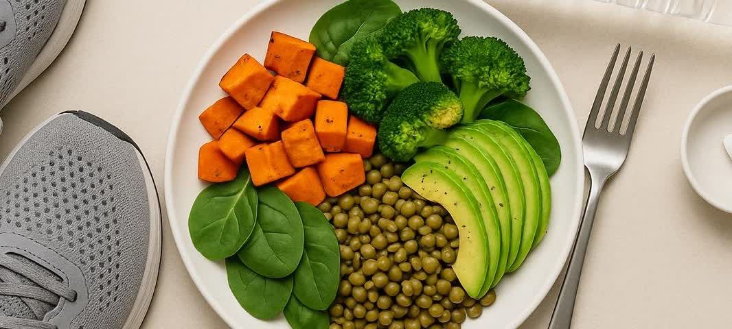 A healthy meal with sweet potatoes, broccoli, avocado, and lentils, paired with running shoes and a small white pill, representing diet, exercise, and medication for weight loss.