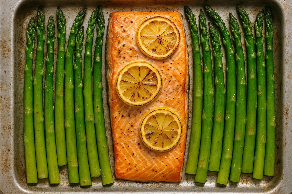 Freshly baked salmon fillet with three lemon slices on top, flanked by rows of roasted green asparagus, all arranged neatly on a metal baking tray.