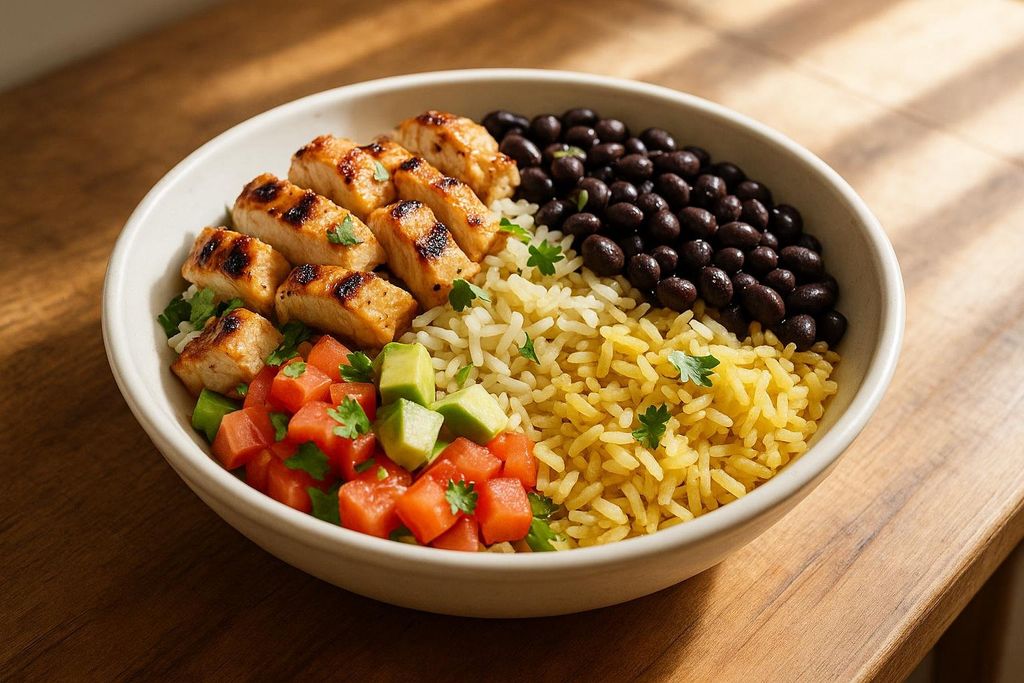 A close-up shot of a burrito bowl filled with grilled chicken, black beans, yellow rice, diced tomatoes, and avocados.