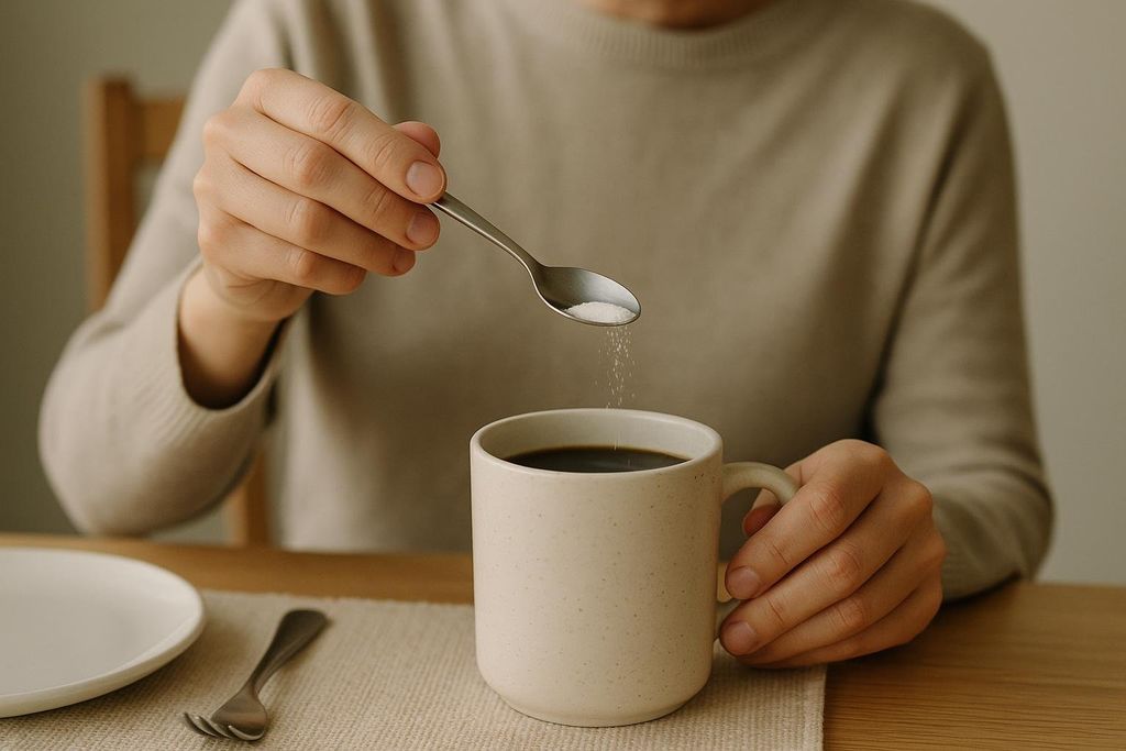 A person in a beige sweater is carefully adding a small amount of white sweetener from a spoon into a speckled beige mug filled with dark coffee. The sweetener is falling in a fine stream.