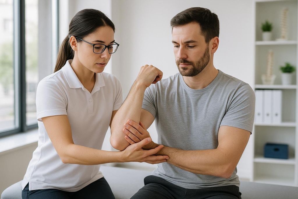 A female physical therapist wearing glasses and a white polo shirt examines the elbow of a male patient in a grey t-shirt in a clinic setting. She holds his forearm and upper arm while he clenches his other fist.