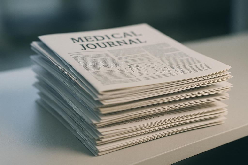 A stack of medical journals, with the top journal clearly displaying the words 'MEDICAL JOURNAL' on its cover, resting on a white surface.