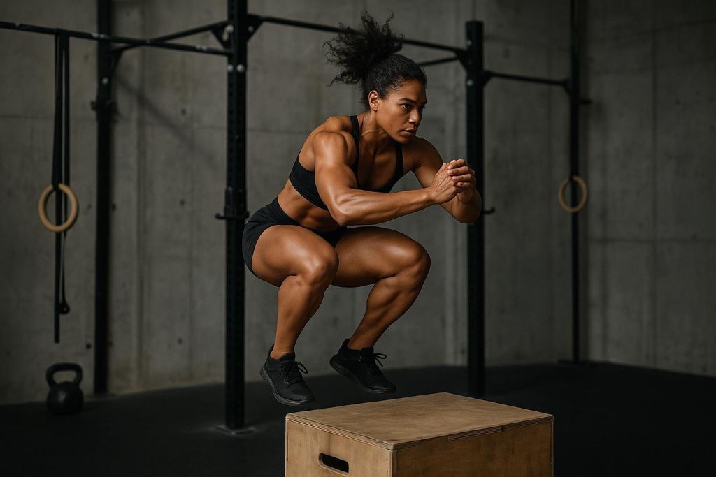 An athletic woman with a visible mesomorph build is in mid-air above a wooden box, performing a box jump exercise. She is wearing a black sports bra and shorts, with her muscles well-defined.