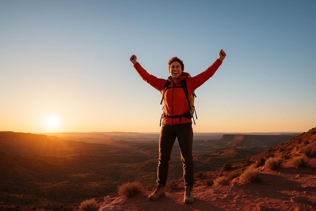 A smiling male hiker in an orange jacket with a backpack stands on a desert ridge with his arms raised in celebration as the sun rises over the vast landscape behind him.