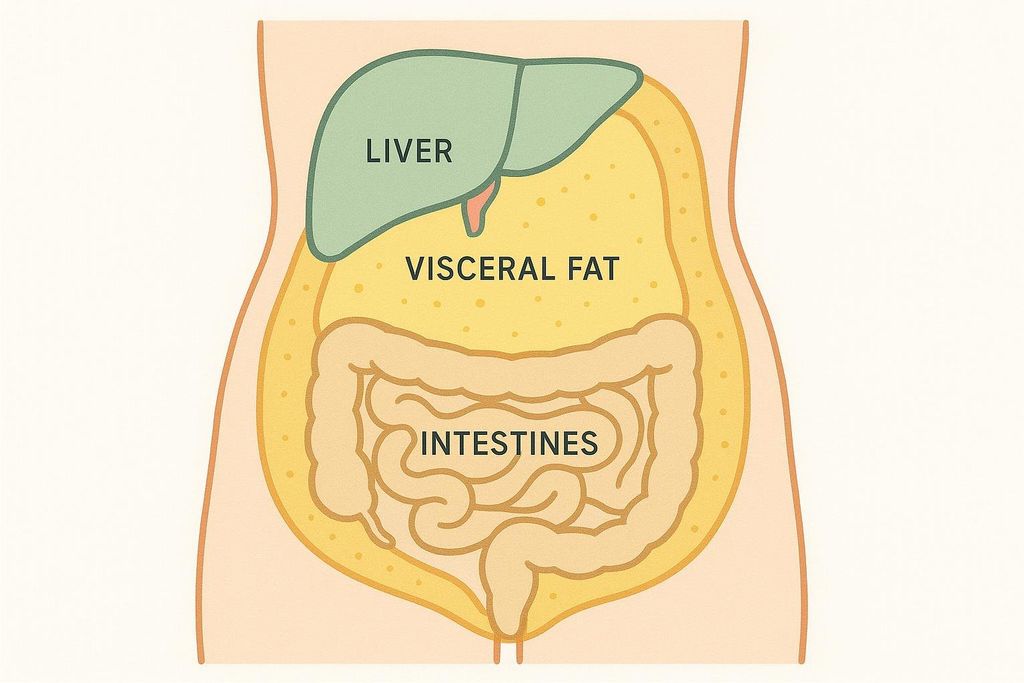Illustration of visceral fat surrounding organs in the abdomen, demonstrating its location and nature.