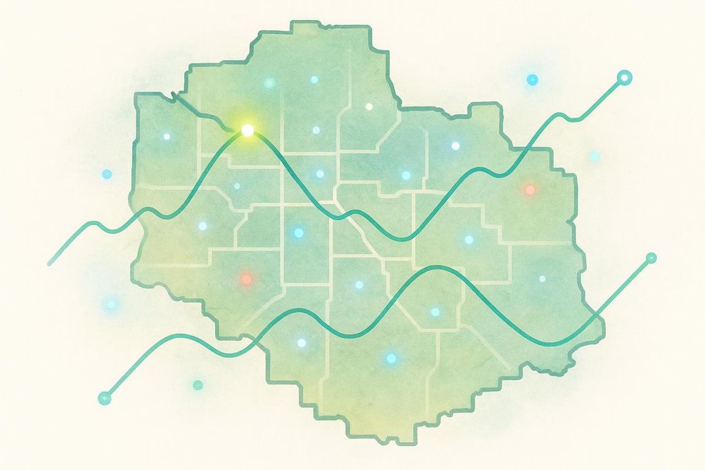 Abstract illustration of a map with data points and trend lines, representing population-level healthspan tracking.