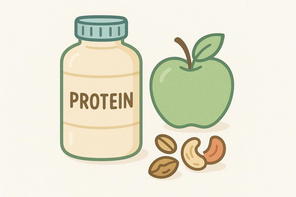 Illustration of a protein shake bottle, a green apple, and a small pile of nuts, representing a healthy meal replacement.