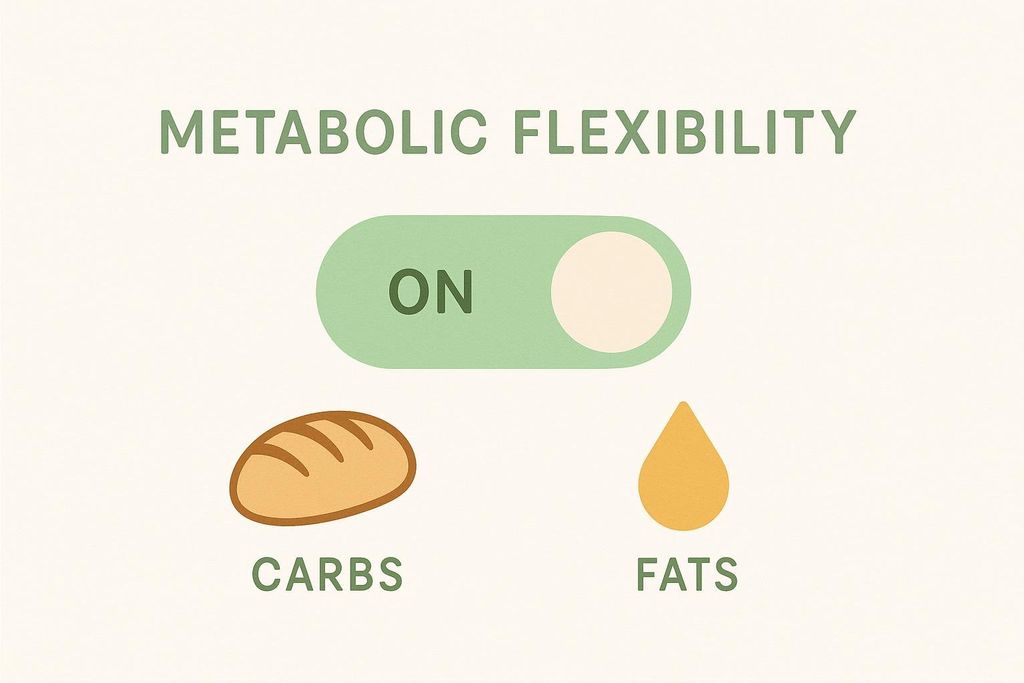 A light green and beige illustration showing a toggle switch for 'Metabolic Flexibility' with 'ON' selected. Below the switch are icons for 'Carbs' (a loaf of bread) and 'Fats' (a yellow droplet), illustrating the body's ability to switch between these fuel sources.