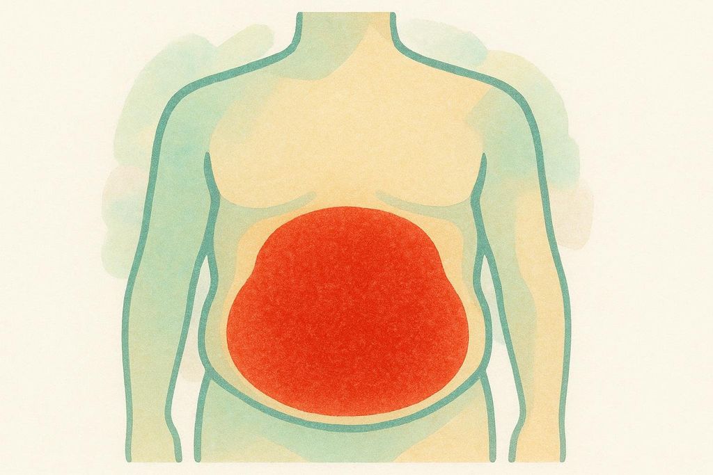A stylized diagram of a human torso with a large red oval shape in the abdomen representing the accumulation of visceral fat.
