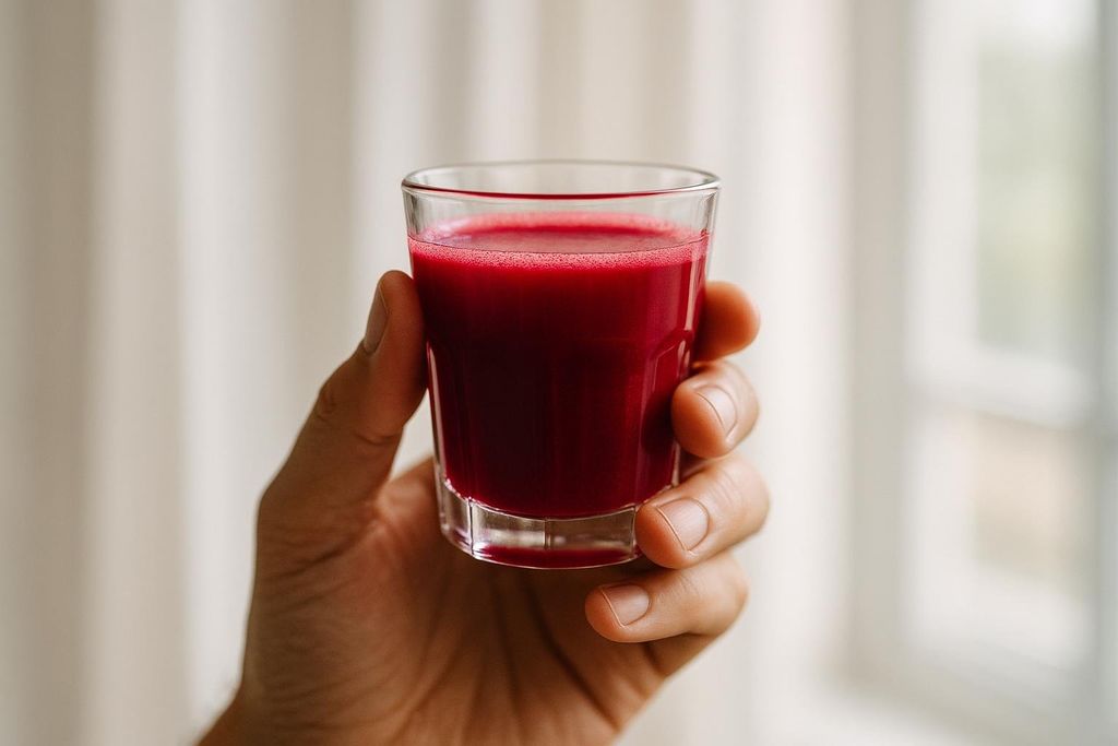 A person's hand holding a small, clear glass filled with vibrant red beetroot juice. The juice has a foamy top layer. The background is a soft, out-of-focus white and grey, possibly a curtain or window.