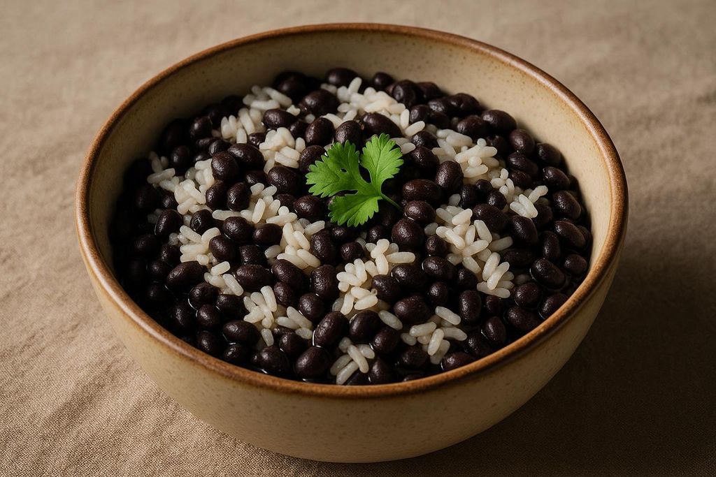 A close-up shot of a beige bowl filled with cooked black beans and white rice, garnished with a sprig of fresh cilantro in the center. The bowl rests on a textured light brown cloth surface.