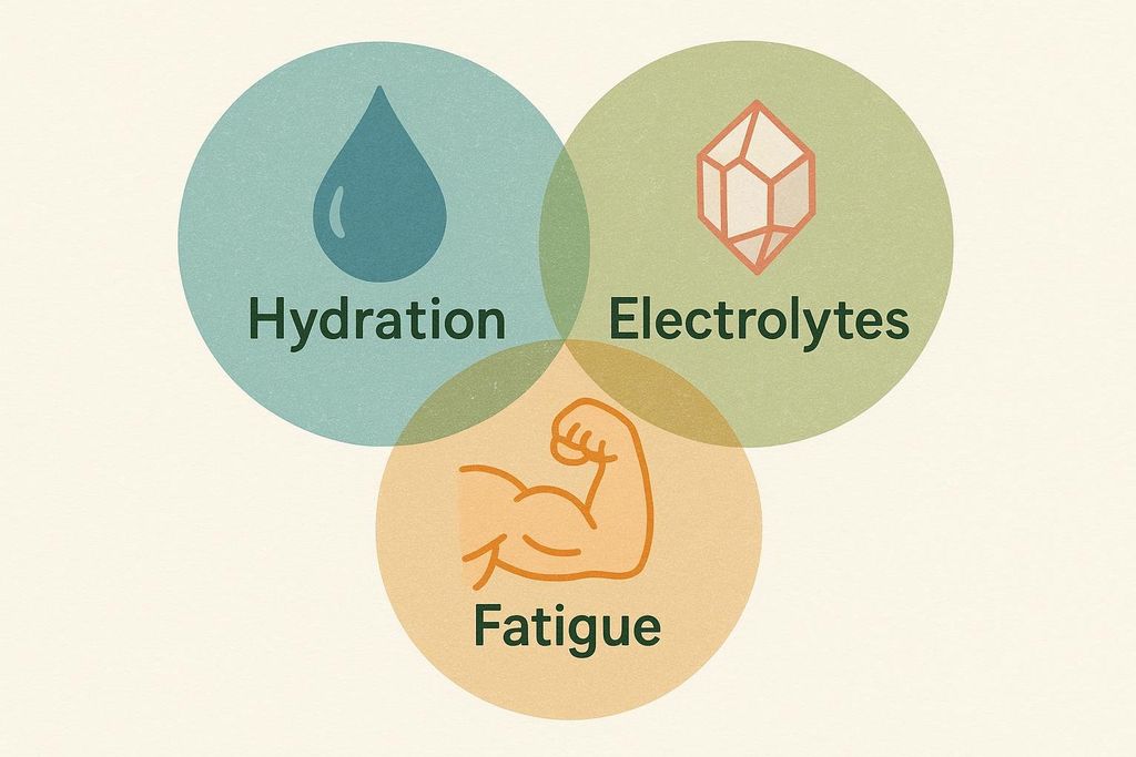 A Venn diagram showing three overlapping circles representing 'Hydration' (with a water drop icon), 'Electrolytes' (with a crystal icon), and 'Fatigue' (with a flexing bicep icon), illustrating their interconnectedness.