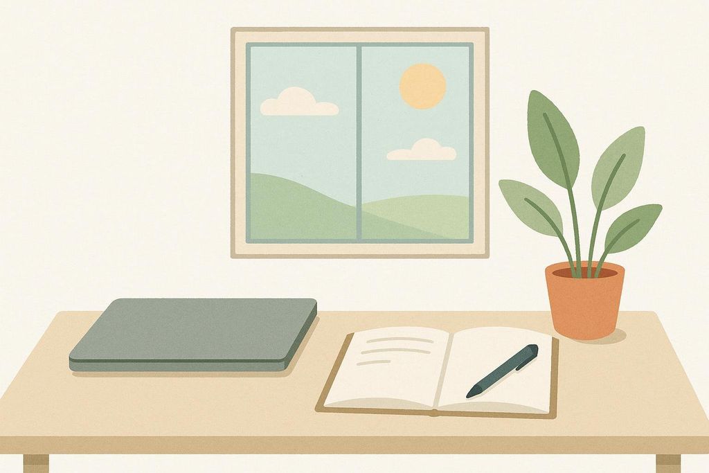 Stylized illustration of a minimalist desk with a closed laptop, open notebook with a pen, a potted plant, and a window view of rolling hills and a sunny sky.