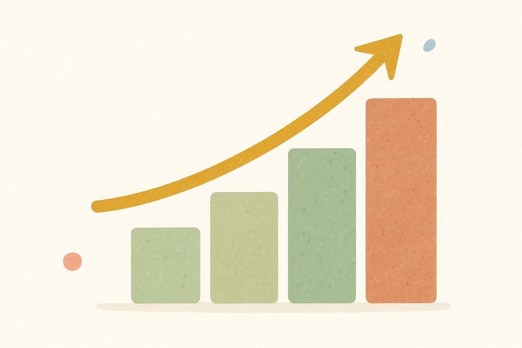 An abstract bar chart with three bars of increasing height, colored light green, green, and orange, respectively. An orange arrow curves upwards over the bars, indicating an upward trend, ending with a small blue dot above the tallest bar. A small orange dot is at the left base of the chart.
