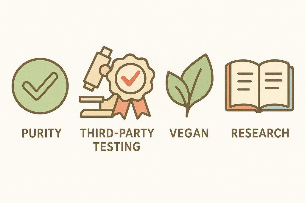 Icons representing quality criteria for C15 supplements: purity, third-party testing, vegan, and research.