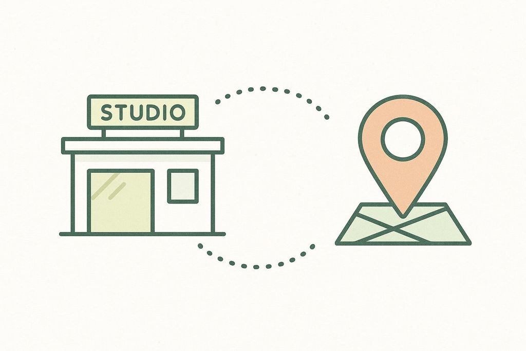 Illustration representing both studio and mobile service access with building and map pin icons.