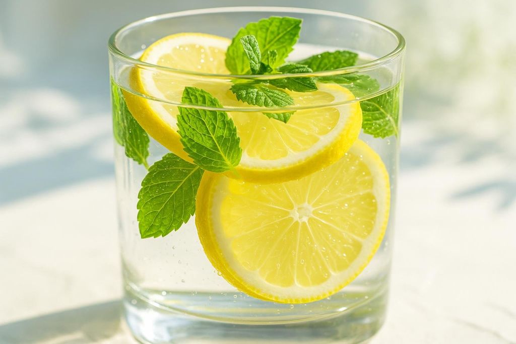 A clear glass of water with two bright yellow lemon slices and several fresh green mint leaves floating in it. Small bubbles are visible in the water.