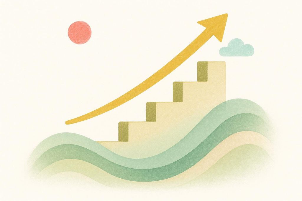 An abstract illustration depicting growth and progression. A yellow upward-curving arrow points towards a light blue cloud, rising above a set of stairs. Below the stairs are undulating green and beige wave-like shapes, suggesting a landscape. A small red circle is in the top-left corner, possibly representing a sun. The overall image has a textured, painterly feel.
