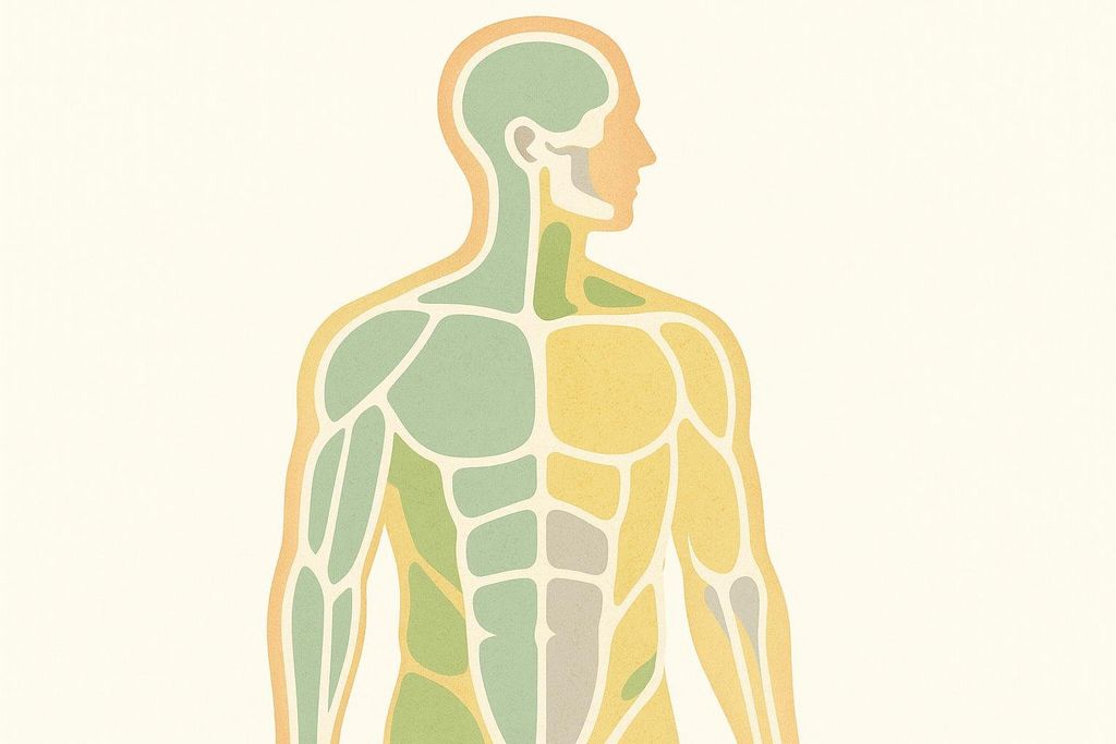 Abstract illustration of a human body outline segmented into green, yellow, and gray zones representing bone, lean mass, and fat, for DEXA body composition analysis.