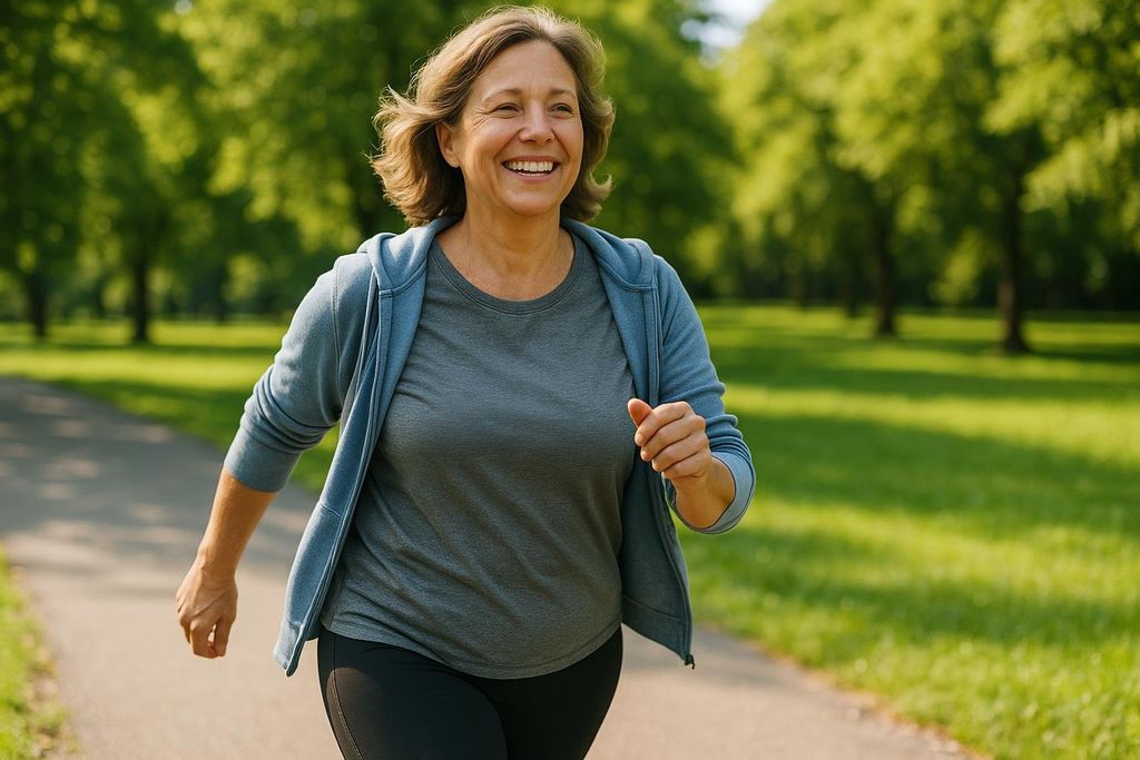 A happy woman enjoying a brisk walk in a park, which can help reverse prediabetes.