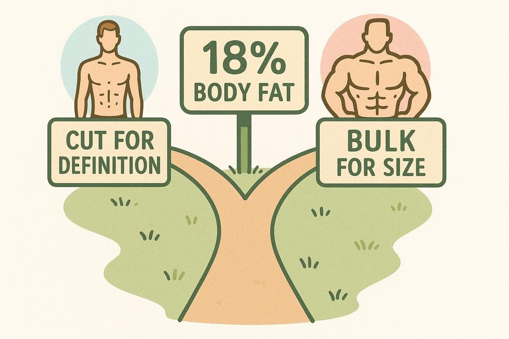 Illustration of a path splitting, with signs indicating decisions when at 18% body fat: 'Cut for Definition' and 'Bulk for Size,' represented by a lean and a muscular figure respectively.