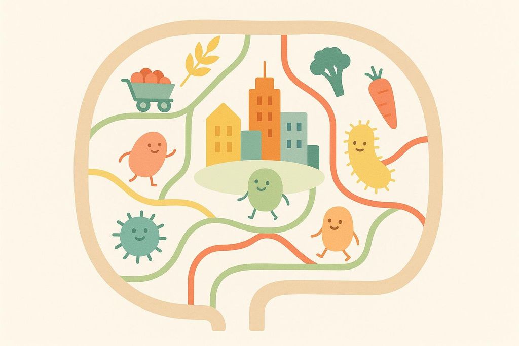 Illustration portraying the gut as a city where various microorganisms, depicted as friendly characters, and food items like broccoli, carrots, and wheat, are connected by wavy lines representing pathways. Buildings symbolize the gut environment, and a shopping cart with apples suggests nutrient intake. The overall image represents the complex ecosystem of the gut microbiome.